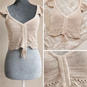 Cream Knit Tie Front Tank Top Crochet Hem Boho Cottagecore XS